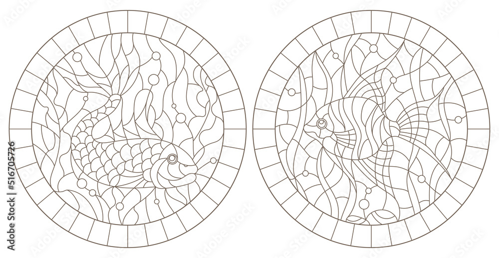 Set of contour illustrations of stained glass Windows with fishes on the background of the seabed and algae, dark contours on a white background Set of contour illustrations of stained glass Windows with fishes on the background of the seabed and algae, dark contours on a white background