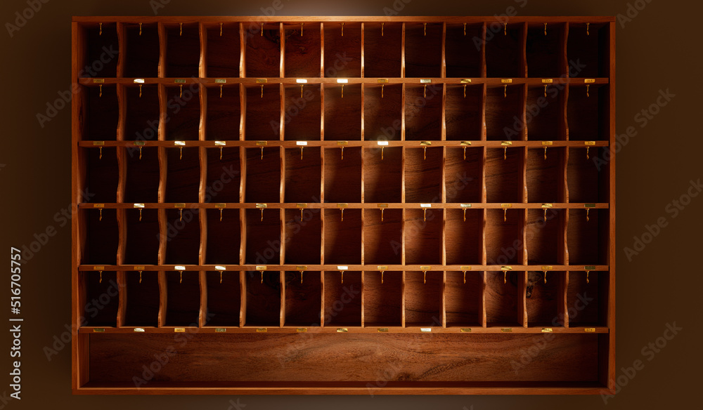 Empty wood key cabinet with dramatic lighting. 3D rendering ...