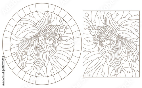 Set of contour illustrations of stained-glass Windows with goldfish, dark contours on a white background