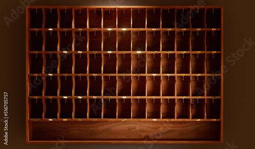 Empty wood key cabinet with dramatic lighting. 3D rendering, illustration.
