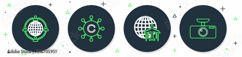 Set line Copywriting network, Globe with flying plane, Outsourcing concept and Car DVR icon. Vector
