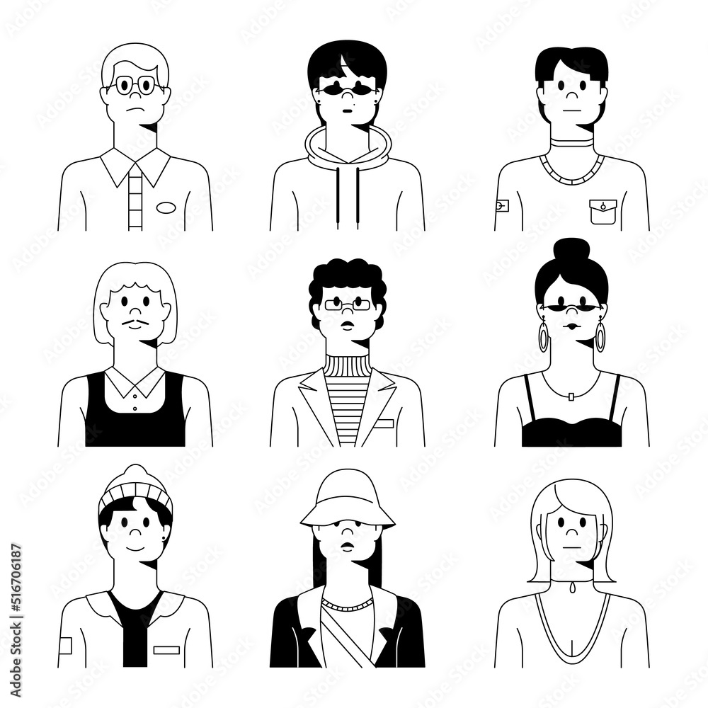 A set of flat design avatar icons. Black and white stylish people avatars. Faces of people for social networks, team members, corporate portraits of men and women. A set of flat design avatar icons. Black and white stylish people avatars. Faces of people for social networks, team members, corporate portraits of men and women.