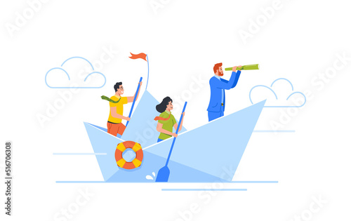Business People Sailing On Paper Boat. Businessmen And Woman Team Row, Boss Searching Correct Way with Spyglass