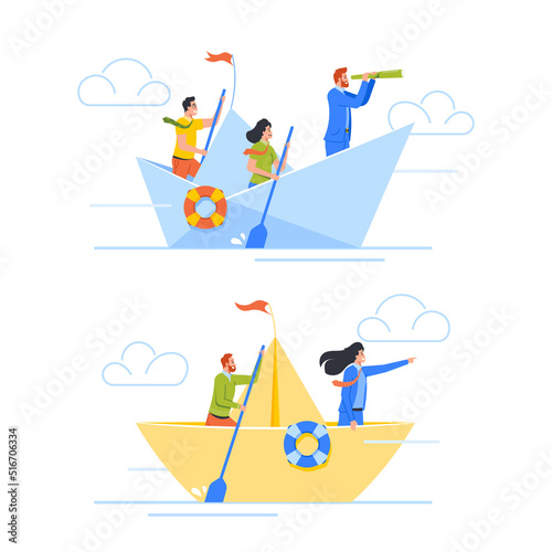 Leadership, Vision, Strategy, Survival in Crisis Business Concept. Businessman With Team Sailing On Paper Boat