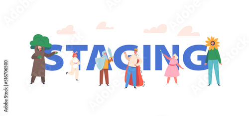 Staging Concept, Children in Funny Theatrical Costumes Playing on Stage Poster. Rabbit, King, Tree, Flower, Knight and Fairy