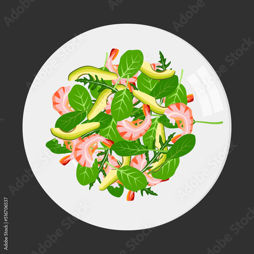 Plate with shrimp salad, rucola and spinach. Menu restaurant, cafe. Dishes for lunch and dinner. Flat vector illustration isolated on a white background.