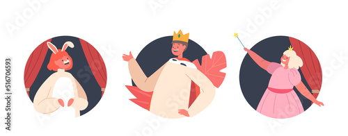 Children in Funny Theatrical Costume Avatars, Isolated Round Icons. Rabbit, King and Fairy Take Part in Performance