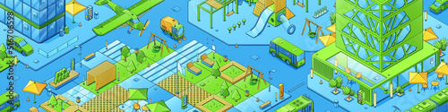 Isometric city map, modern town with eco park, kids playground, hotel or office buildings with restaurant. Vector horizontal illustration of city district, urban architecture and vehicles on streets
