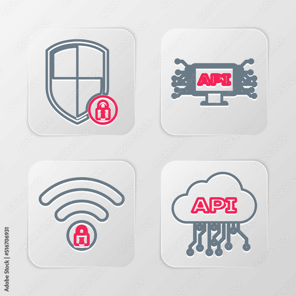 Set line Cloud api interface, Wifi locked, Computer and Shield security with icon. Vector Set line Cloud api interface, Wifi locked, Computer and Shield security with icon. Vector