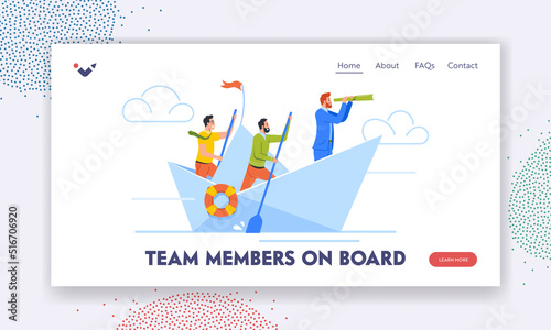 Team Members on Board Landing Page Template. Businessmen Team Floating on Paper Ship Rowing with Paddles