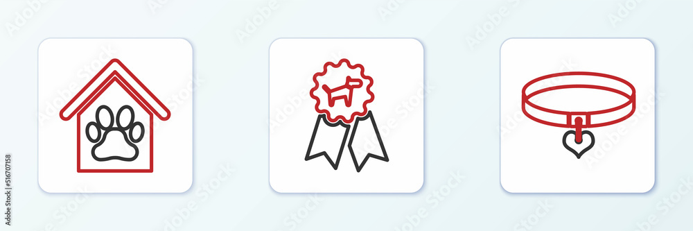Set line Collar and heart, Dog house paw print pet and award symbol icon. Vector Set line Collar and heart, Dog house paw print pet and award symbol icon. Vector