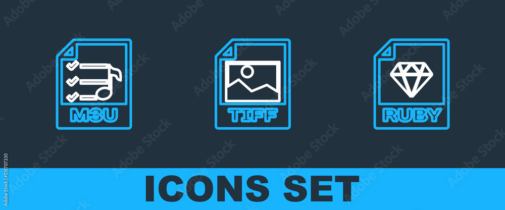 Set line RUBY file document, M3U and TIFF icon. Vector Set line RUBY file document, M3U and TIFF icon. Vector