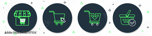 Set line Shopping cart with cursor, Add to, Market store shopping and basket check mark icon. Vector