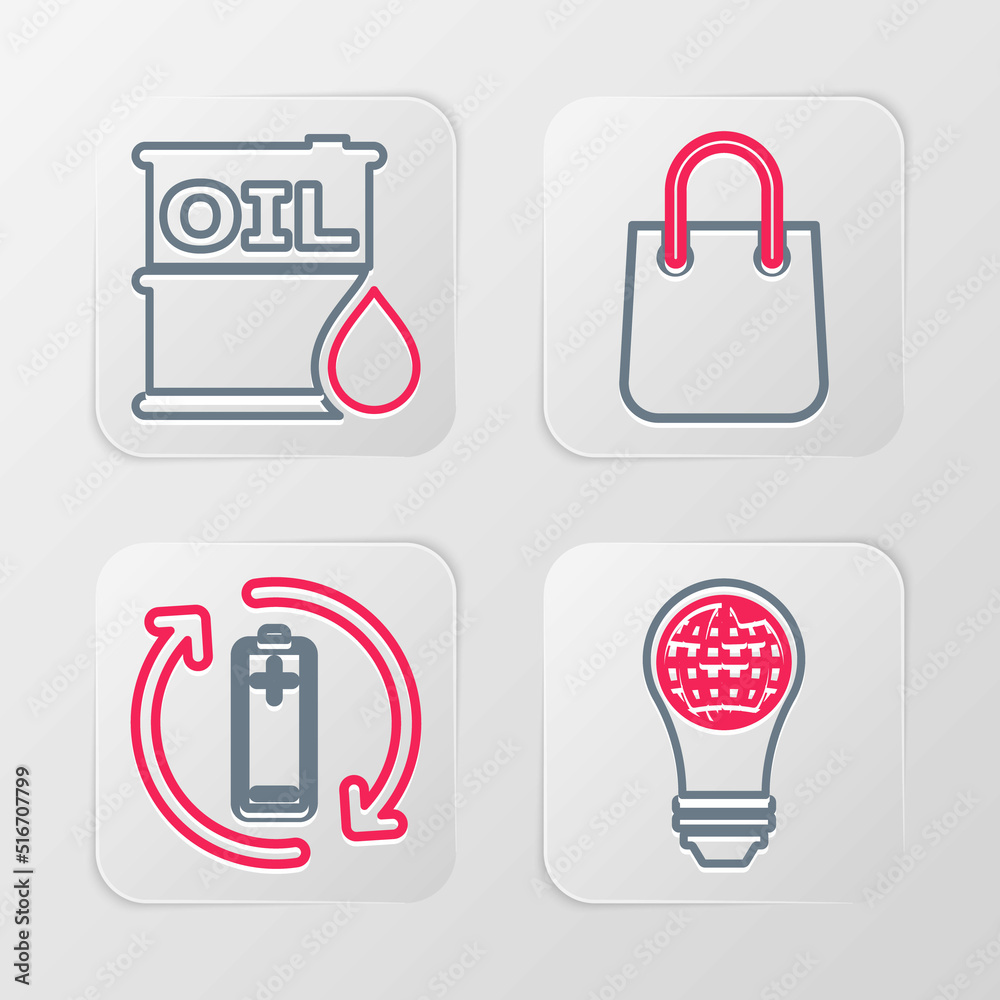 Set line Light bulb with world globe, Battery recycle, Shopping bag and Oil barrel icon. Vector Set line Light bulb with world globe, Battery recycle, Shopping bag and Oil barrel icon. Vector
