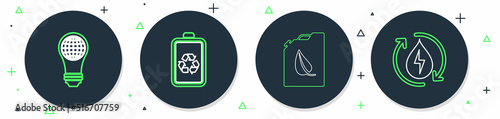 Set line Battery with recycle, Bio fuel canister, Light bulb world globe and Recycle clean aqua icon. Vector