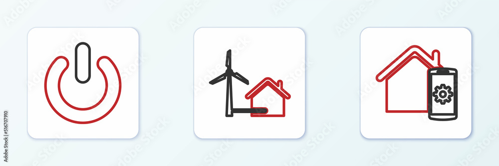 Set line Smart home remote control system, Power button and House with wind turbine icon. Vector