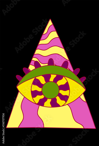 Retro groovy graphic element of triangle and eye with abstract waves. Vector illustraton in trippy acid rave style.
