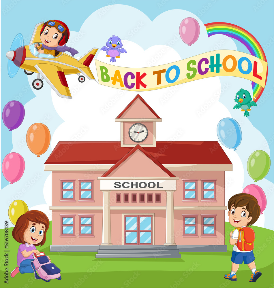 Back to school. Happy little kids with school building