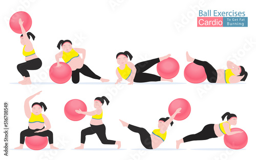 Fat women cardio ball exercises and fitness training. Concept for weight loss of fat burning. Vector Illustration.