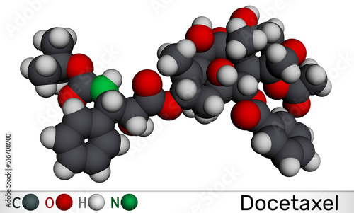 Docetaxel, DTX or DXL molecule. It is taxoid antineoplastic agent used in treatment of various cancers. Molecular model. 3D rendering photo