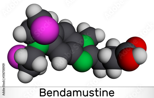 Bendamustine molecule. It is alkylating agent, used in treatment of lymphocytic leukemia. Molecular model. 3D rendering photo