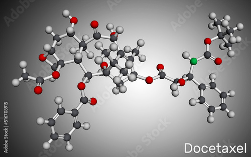 Docetaxel, DTX or DXL molecule. It is taxoid antineoplastic agent used in treatment of various cancers. Molecular model. 3D rendering photo