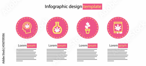 Set line Marijuana plant in pot, or cannabis seeds, Test tube with marijuana and Head profile icon. Vector
