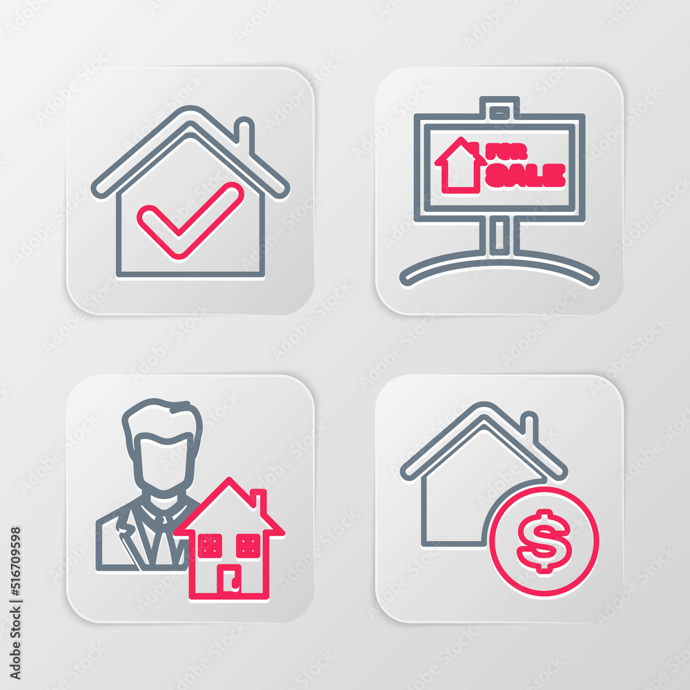 Set line House with dollar, Realtor, Hanging sign For Sale and check mark icon. Vector Set line House with dollar, Realtor, Hanging sign For Sale and check mark icon. Vector