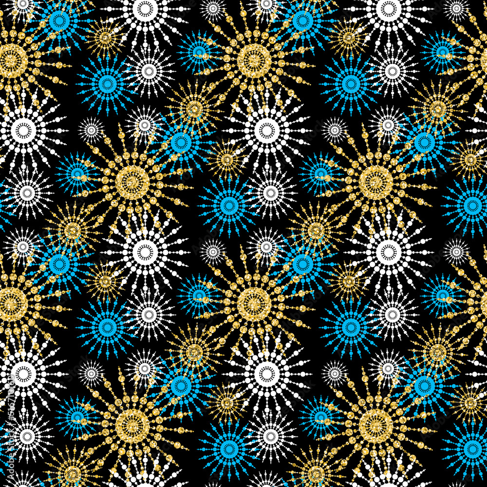 Blue gold christmas snowflake seamless pattern sparkling glitter design