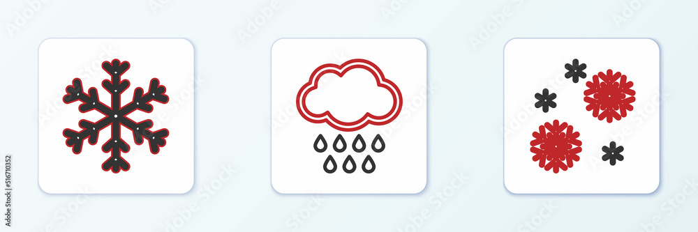Set line Snow, Snowflake and Cloud with rain icon. Vector Set line Snow, Snowflake and Cloud with rain icon. Vector
