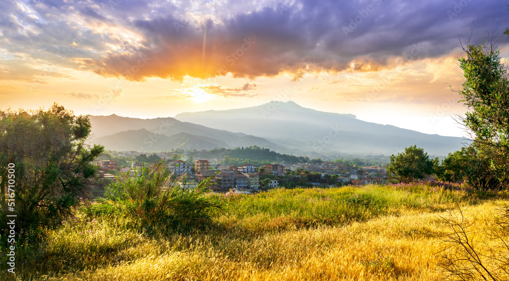 Obraz premium view from hill with golden grass and green bushes to a valley town with majectic mountains and scenic cloudy sunset on background
