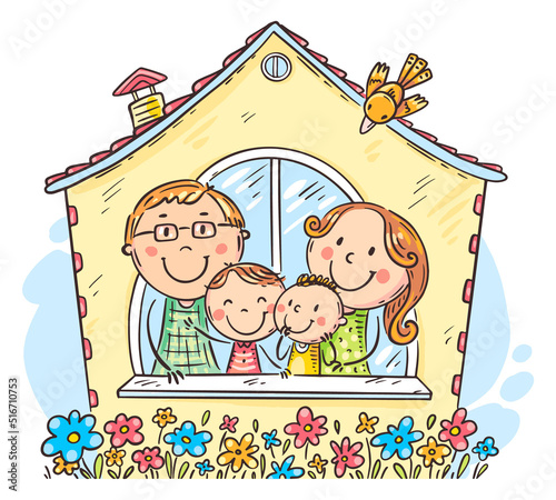 Illustration of family house - parents with two children looking out the window
