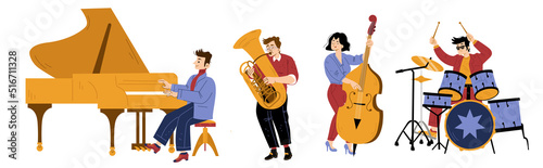 Jazz band music concert. Musicians playing on saxophone, piano, violoncello and drums. Vector flat illustration of people group with musical instruments isolated on white background