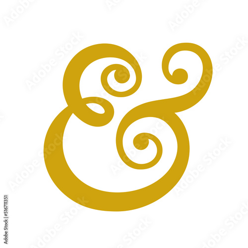Typography gold ampersand for wedding invitation, cards, banners, photo overlays. Curly symbol of ampersand, decorative stock ornament. Vector illustration.