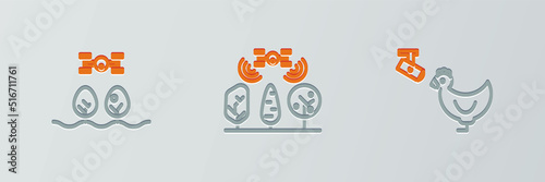 Set line Chicken farm and camera, Smart with drone and icon. Vector