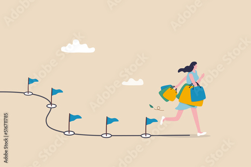 Customer journey, advertising and marketing analysis from search until purchasing or buy, consumer or user experience concept, happy woman shopper walking with purchased shopping bags on the journey.