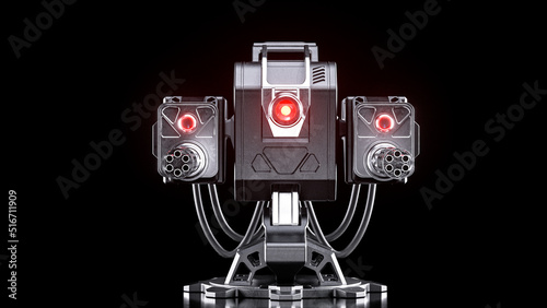 3D illustration of industrial sci fi futuristic military turret machine gun weapon. Minigun machinery with red glowing laser eye and metallic shiny material in dramatic elegant robotic steel style photo