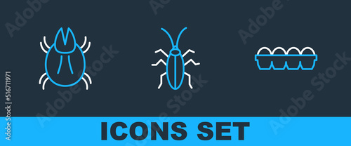 Set line Chicken egg in box, Parasite mite and Cockroach icon. Vector