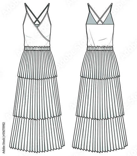 Overlap Crisscross Back Strappy Permanent Pleat Maxi Dress Front and Back View. Fashion Illustration, Vector, CAD, Technical Drawing, Flat Drawing.