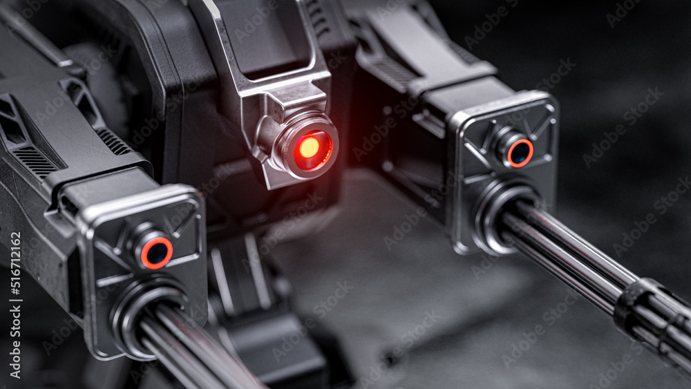 3D illustration of industrial sci fi futuristic military turret machine gun weapon. Minigun machinery with red glowing laser eye and metallic shiny material in dramatic elegant robotic steel style