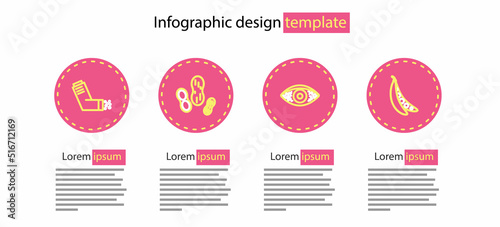 Set line Reddish eye allergic conjunctivitis, Kidney beans, Peanut and Inhaler icon. Vector
