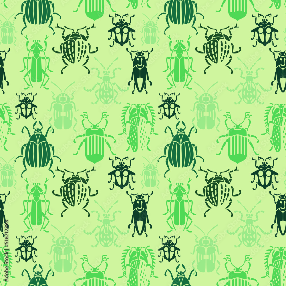 Seamless green Outline Of An Insect Beetle. A pattern with beetles in green colors on a green background. 