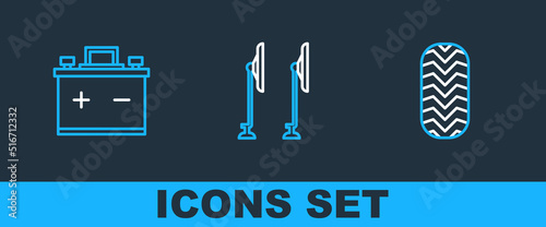 Set line Car tire, battery and Windscreen wiper icon. Vector