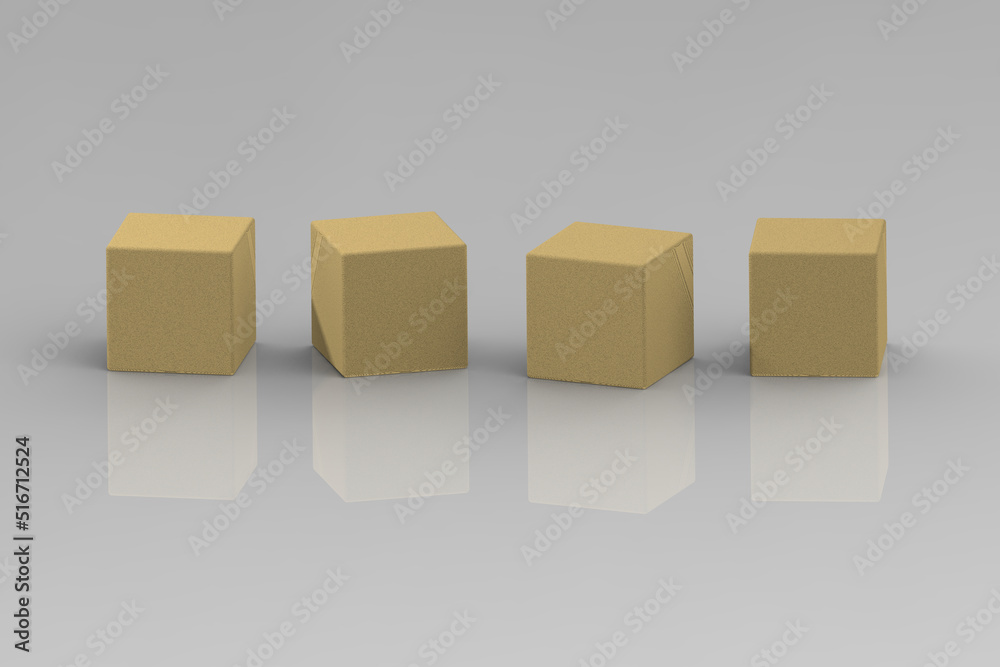 Obraz premium four wooden cubes on a gray background. the cubes are reflected from the base. 3D image. 3D rendering.