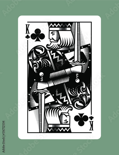Engraved vintage drawing of King playing card of Clubs suit in vintage engraving drawing style