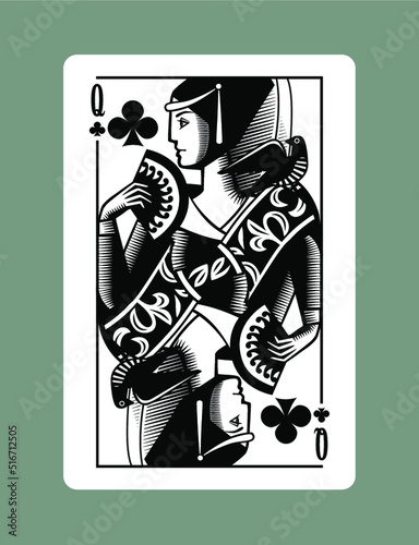 Engraved vintage drawing of Queen playing card of Clubs suit in vintage engraving drawing stile