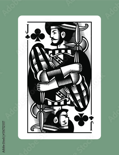 Engraved vintage drawing of Jack playing card of Clubs suit in vintage engraving drawing stile