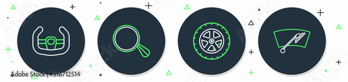 Set line Car mirror, wheel, Sport steering and Windscreen wiper icon. Vector