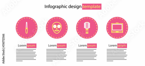 Set line Hairbrush, Makeup powder with mirror, Facial cosmetic mask and Nail file icon. Vector