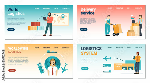 logistic landing. business smart systems for import and export different goods. Vector web page templates with place for personal text